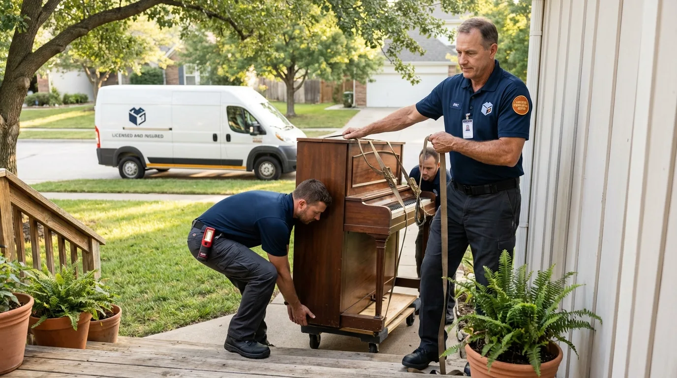 Licensed piano movers securing grand piano in Canfield, OH