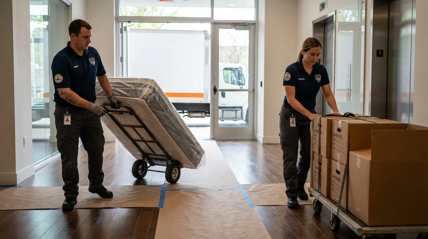 Professional apartment movers loading elevator in Canfield, OH